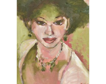 Lovely Brunette with Attitude, Pink and Green Colors in an original Oil Portrait by Corinne Galla, 11 x 14 on Canvas