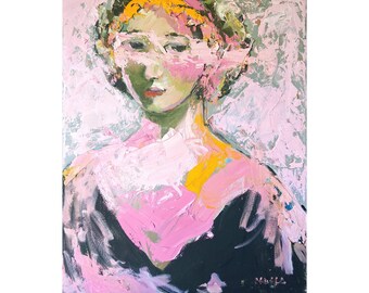 Fine Art Giclee Print from a Mixed Media Oil Portrait with Impasto Paint, 8 x 10 of a Woman with Flowers in Her Hair, Pink and Black Colors