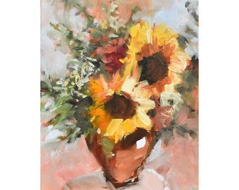 Floral 8 x 10 Fine Art Giclee From an Original Flower Painting with Orange and Yellow Colors, Big Sunflowers