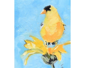 Little Yellow Bird with a Sunflower in Oil on a 5" x 7" Cradled Panel, Original Wild Bird Painting of a Yellow Finch