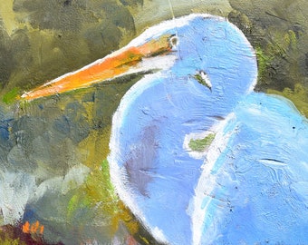 White Heron Painting, Ocean Painting in Blue and White, Beach Art on a 5 x 7 Wooden Panel, Wild Bird Portrait