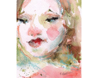 Watercolor and Pastel Portrait, 5 x 7 Original Painting, Red Pink and Green Colors, Watercolor on Paper