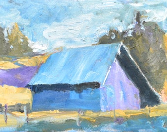 Purple Barn, Mountain Scene in Oil Paint, Original Landscape in Blue and Purple Colors on 9" x 12" Canvas