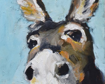 Gray Donkey Oil Painting on Cradled Wood Panel, 10" x 10" x 1.5", Farm Animal Artwork