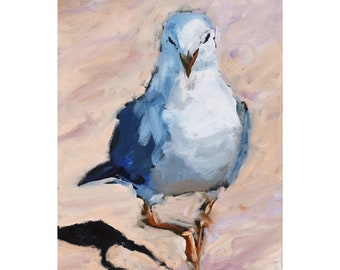 Seagull Oil Painting on 11 x 14 Canvas, Blue and White Sea Bird, Wild Bird Art