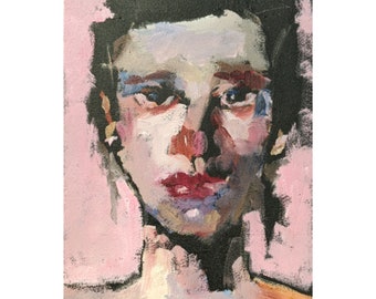 Little Marcie, Pink and Black Small Portrait of a Dark Haired Female, 5" x 7" on a Cradled Wood Panel