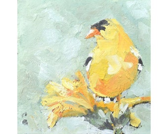 Original Wild Bird Painting, Yellow Finch with a Sunflower in Oil on a 6" x 6" Canvas Board