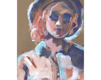 Woman's Portrait in Gouache on Brown Bee Paper, Peach and Blue Colors, 5 x 7 Original