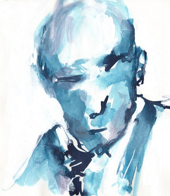 Blue Man Abstract Watercolor Portrait Painting 7 X Etsy
