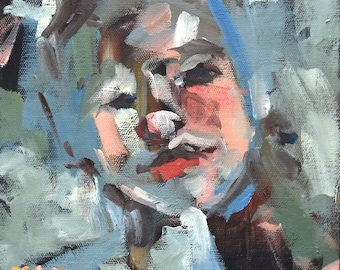 Abstract Oil Portrait on Canvas of a Woman in a Hat, 8" x 8" wth Blue Colors