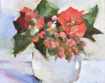 Red and Green Floral Bouquet Oil Painting on Canvas, 10 x 10, Flowers in a Glass Vase on a White Background