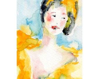 Her Yellow Dress, Giclee Fine Art Print on 8 x 10 Paper, Figurative Art from a Watercolor Painting