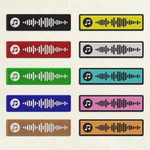 May include: A collection of ten rectangular patches featuring a musical note icon and a sound wave design. The patches come in various colors, including black, yellow, red, gray, green, teal, blue, pink, brown, and orange. The patches are embroidered.