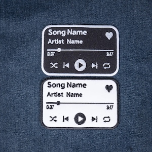 May include: Two rectangular embroidered patches featuring a music player interface design. One patch is black with white embroidery, and the other is white with black embroidery. Both display Song Name, Artist Name, a progress bar, and playback icons.