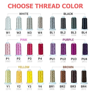 Pu&ograve; includere: Immagine che mostra una tabella colori di rocchetti di filo. La tabella &egrave; etichettata "CHOOSE THREAD COLOR" e mostra vari colori di filo, tra cui bianco, nero, rosa, viola, giallo e marrone. Ogni rocchetto &egrave; etichettato con un codice colore e un numero.