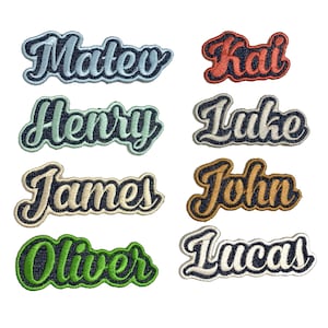 May include: Eight embroidered iron-on patches with different names in various colors. The names are: Mateo, Kai, Henry, Luke, James, John, Oliver, and Lucas.