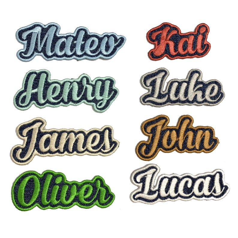 May include: Eight embroidered iron-on patches with different names in various colors. The names are: Mateo, Kai, Henry, Luke, James, John, Oliver, and Lucas.
