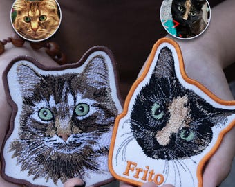 Custom Cat Portrait Embroidered Patch, Personalized Pet Name, Sew/Iron On/Hook & Loop