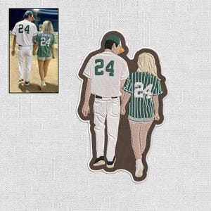 May include: Embroidered patch of a couple wearing baseball uniforms with the number 24 on their shirts. The couple is holding hands and walking together.
