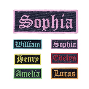 May include: Six embroidered patches with different names in various colors. The names are "Sophia", "William", "Henry", "Evelyn", "Amelia", and "Lucas".