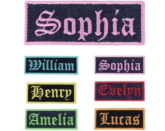Old English Embroidered Name Patch, Custom Text, Iron On or Hook and Loop