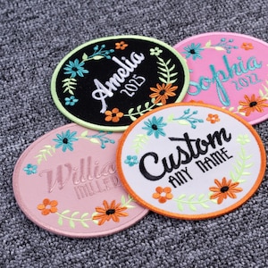 Embroidered Custom Flower Name Patch, Colorful Flower Name Patch, Sew/Iron On Patches for Clothing, Hats, Backpacks, Custom Name Patch