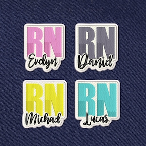 May include: Four embroidered patches with the letters RN in different colors and names below. The patches are pink, gray, yellow, and blue.