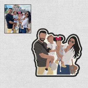 May include: Embroidered patch featuring a family portrait with a black outline. The illustration depicts a man, a woman, and two children. The family is wearing casual clothing. A smaller photo of the family is in the upper left corner.