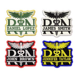 May include: Four embroidered patches with a stylized caduceus and the letters RN. Each patch has a different color scheme and a name below the letters. The patches are green and yellow, black and white, red and black, and blue and yellow.
