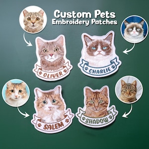 May include: Four custom embroidered cat patches featuring portraits of cats named Oliver, Charlie, Salem, and Shadow. Each patch includes a banner with the cat's name and paw print accents. The text Custom Pets Embroidery Patches is visible.
