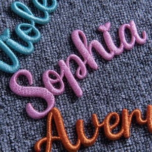 May include: Close-up of embroidered names in cursive script. The name "Sophia" is in pink, "Avery" is in orange, and another name is in teal. The names are stitched on a textured gray fabric.