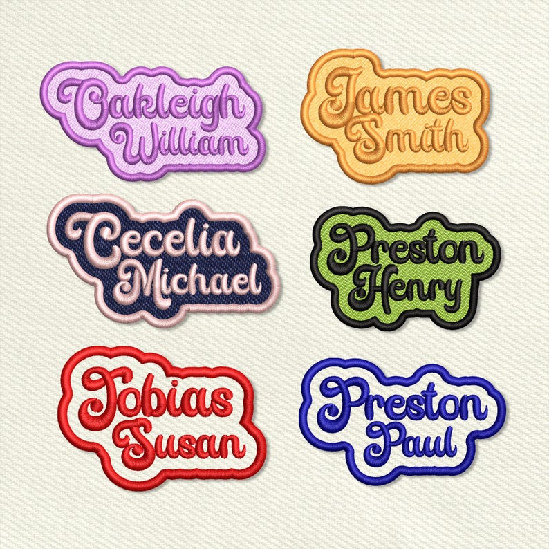 May include: Six embroidered patches with names and last names in a retro font style. The patches are in various colors, including purple, yellow, blue, green, and red.
