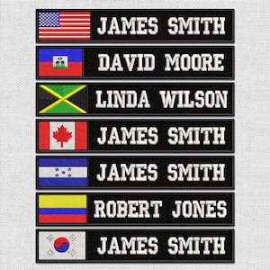 May include: Eight black and white embroidered patches with different flags and names. The flags include the American flag, the Haitian flag, the Jamaican flag, the Canadian flag, the Honduran flag, the Colombian flag, and the South Korean flag. The names are "JAMES SMITH", "DAVID MOORE", "LINDA WILSON", "JAMES SMITH", "JAMES SMITH", "ROBERT JONES", and "JAMES SMITH".