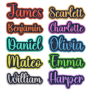 May include: Ten colorful iron-on name patches with denim-style backgrounds. The names are: James, Scarlett, Benjamin, Charlotte, Daniel, Olivia, Mateo, Emma, William, and Harper.