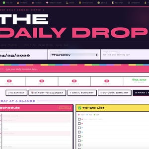 Op de afbeelding: Digitale planner interface met een roze, zwarte en witte kleurenschema. De tekst "THE DAILY DROP" is prominent weergegeven. Functies omvatten een datumweergave, een takenlijst en een schema. Knoppen zijn "Clear Day" en "Print/PDF".