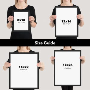 May include: Four framed art prints in black frames, each held by a person. The sizes are 8x10 inches, 12x16 inches, 16x20 inches, and 18x24 inches. The text "Size Guide" is displayed.