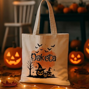 Custom Halloween Tote Bag for Kids, Personalised Trick or Treat Bag with Name, Fall Pumpkin Printed Candy Sack, Spooky Gift for Boys & Girls