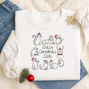 Crazy Christmas Cats Embroidered Sweater, Funny Festive Crewneck, Xmas Holiday Cat Jumper, Cozy Xmas Gift for Cat Lovers & Pet Parents