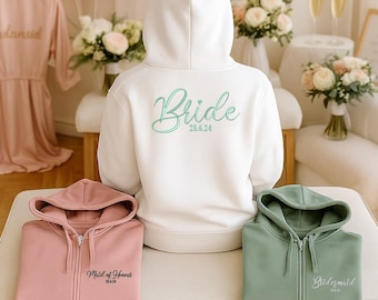Felpa con cappuccio e zip ricamata per damigella d'onore, felpa con cappuccio personalizzata per la data del matrimonio della sposa, felpa con cappuccio per l'addio al nubilato per la squadra della sposa, regali per l'addio al nubilato