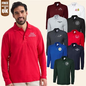 Embroidered Long Sleeves Polo Shirt, Personalised Text/Logo Work Wear Adults Polo, Custom Your Company Design Monogram Top, Staff Team Polos