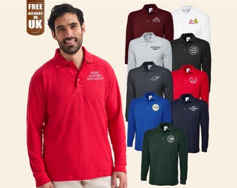 Embroidered Long Sleeves Polo Shirt, Personalised Text/Logo Work Wear Adults Polo, Custom Your Company Design Monogram Top, Staff Team Polos