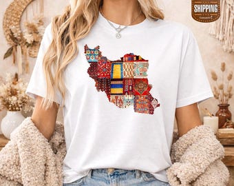 Camiseta con mapa de Irán y estampado de alfombras, camiseta con estampado gráfico de herencia persa, camiseta unisex con orgullo iraní, regalo cultural para iraníes.
