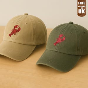 Embroidered Red Lobster Baseball Caps, Lobster Vintage Hat, Vintage Style 100 Cotton Unisex Trucker Hat, Comfort Color Design Stitch Dad Hat
