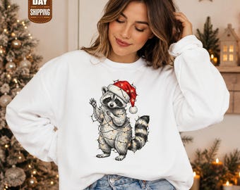 Lustiges Waschbär-Weihnachts-Sweatshirt, Weihnachtspullover mit Tiermotiven und Lichterketten, Waschbär-Pullover mit Weihnachtsmütze, Weihnachtspullover mit Müllpanda, festliches Geschenk
