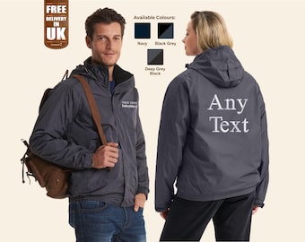 Chaqueta bordada para exteriores, chaqueta personalizada con cremallera, chaqueta con monograma y logotipo de texto personalizado, ropa de trabajo con texto de empresa, chaqueta impermeable con capucha y equipo.
