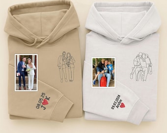 Embroidered Sketch Portrait Hoodies, Custom Outline Drawing Comfy Hoody, Personalised Couple Date On Sleeve Jumpers, Memorial Gifts for him