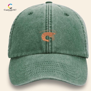 Shrimp Embroidered Baseball Cap, Funny Seafood Hat, Vintage Washed Dad Hat, Adjustable Summer Cap, Unisex Coastal Beach Hat, Fisherman Gift