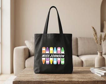 Personalised Crayon Tote Bag, Teacher End Of Term Printed Bag Gift, Custom Name Teacher Bag, Teacher Appreciation Tote, School Gift for Her