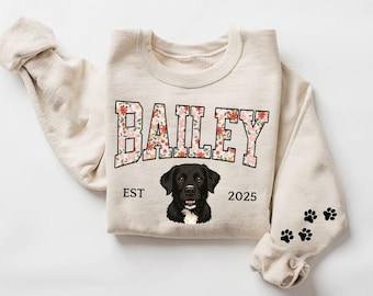 Personalisierter Hunde-Sweatshirt mit Hundenamen, Pullover mit individuellem Haustierporträt, personalisierter Hunde-Weihnachtspullover, Pullover mit Pfotenabdruck am Ärmel, Weihnachtsgeschenk für Hundemama