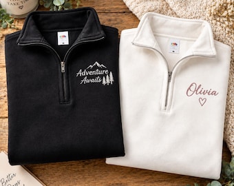 Besticktes Sweatshirt mit Viertelreißverschluss, bestickter Pullover mit individuellem Textlogo, personalisierter Pullover mit halbem Reißverschluss und Universitätslogo, Vatertagsgeschenk